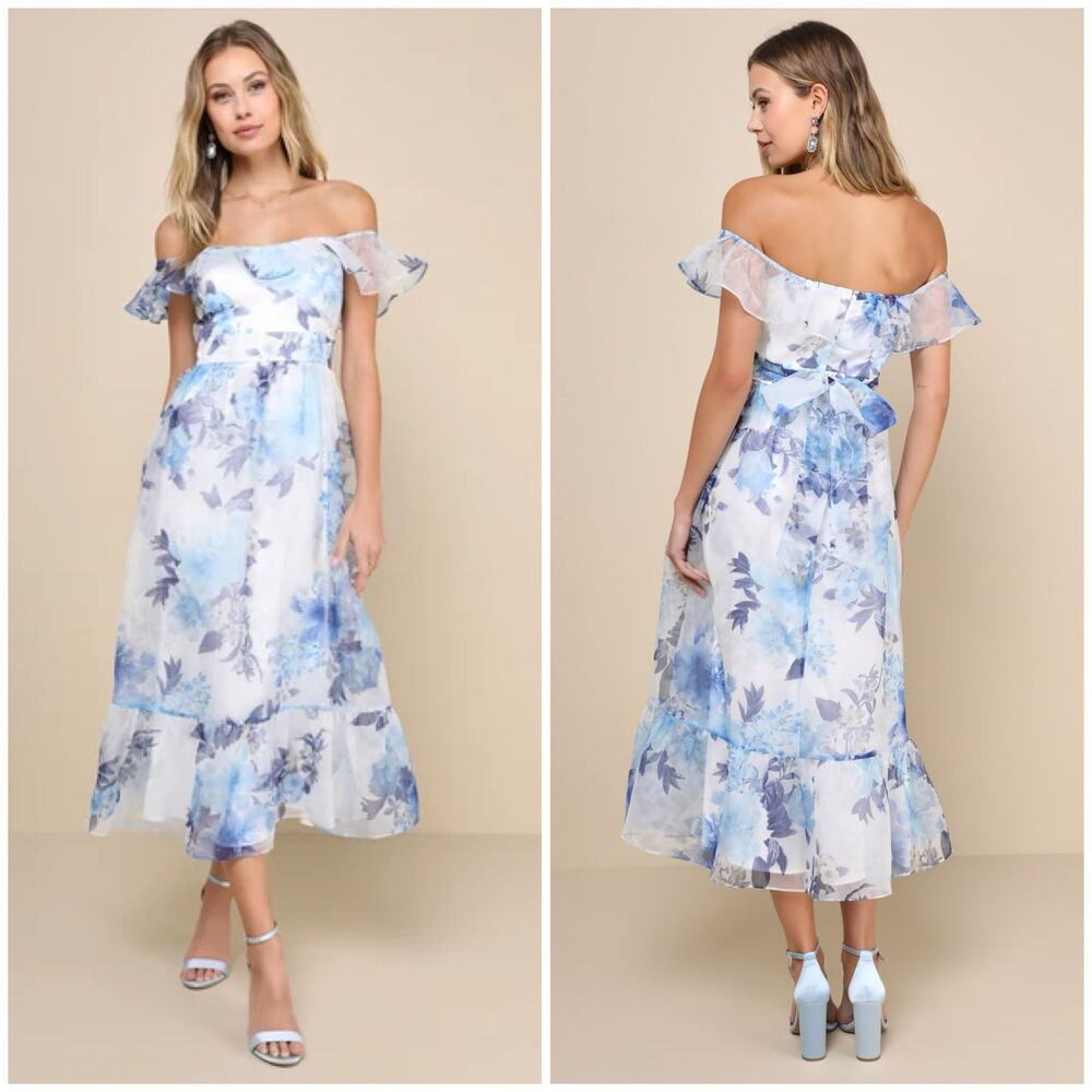Lulu's White Floral Off-the-Shoulder Organza Midi Dress